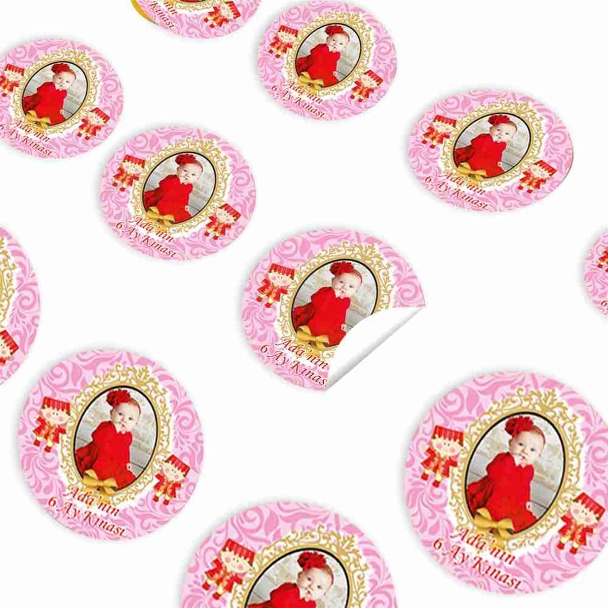 6 Ay Kınası Pembe Desenli Parti Süsü Sticker 30 Adet 