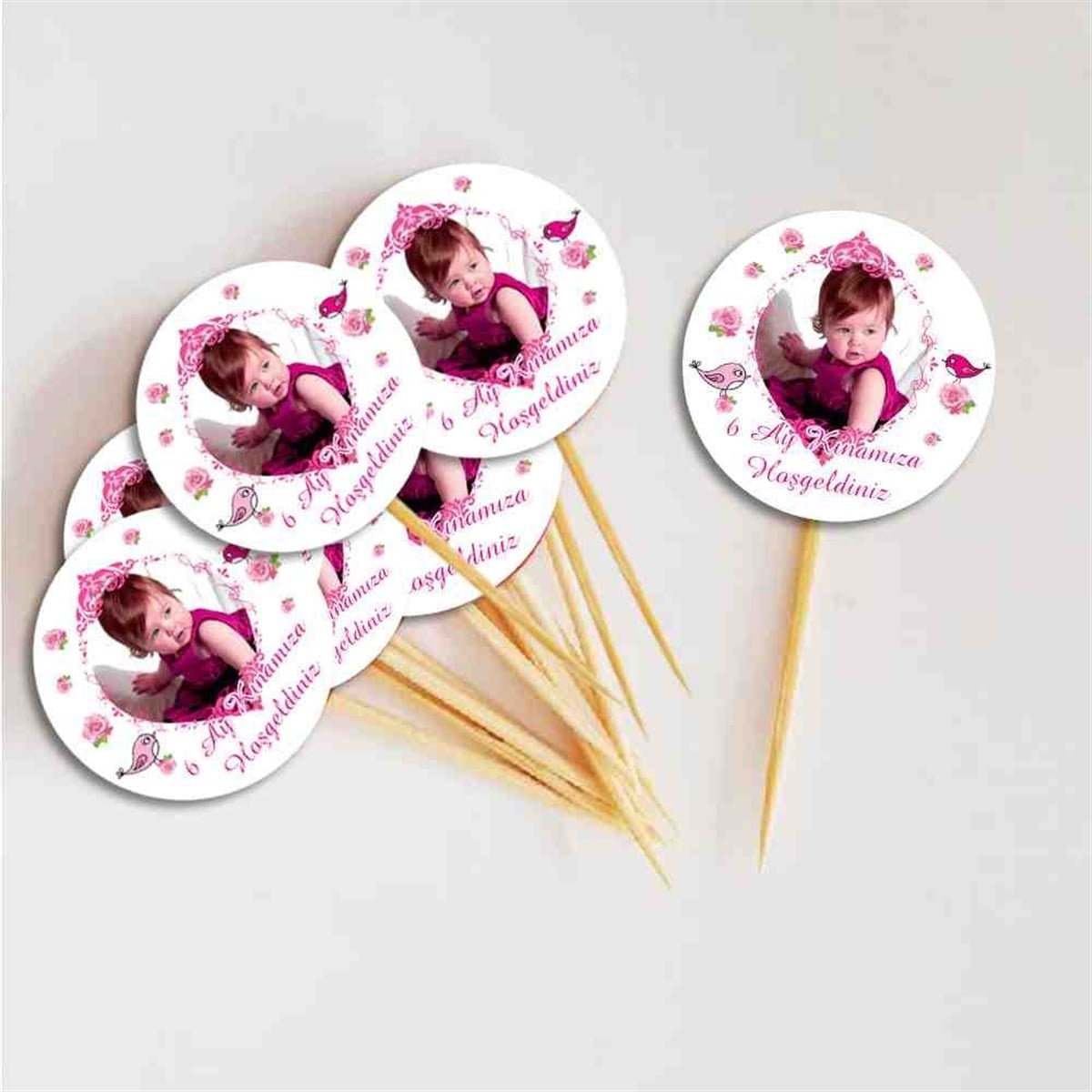6 Ay Kınası Pembe Kuşlu Tema Cupcake Kurdanı 