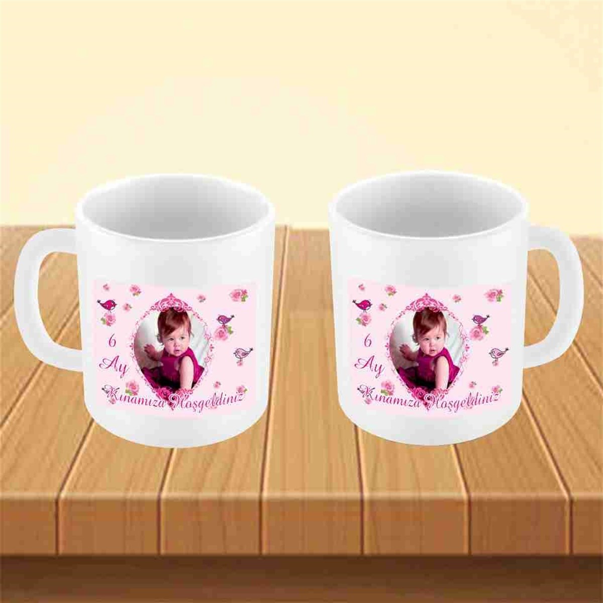 6 Ay Kınası Pembe Kuşlu Tema Kupa Mug Bardak 