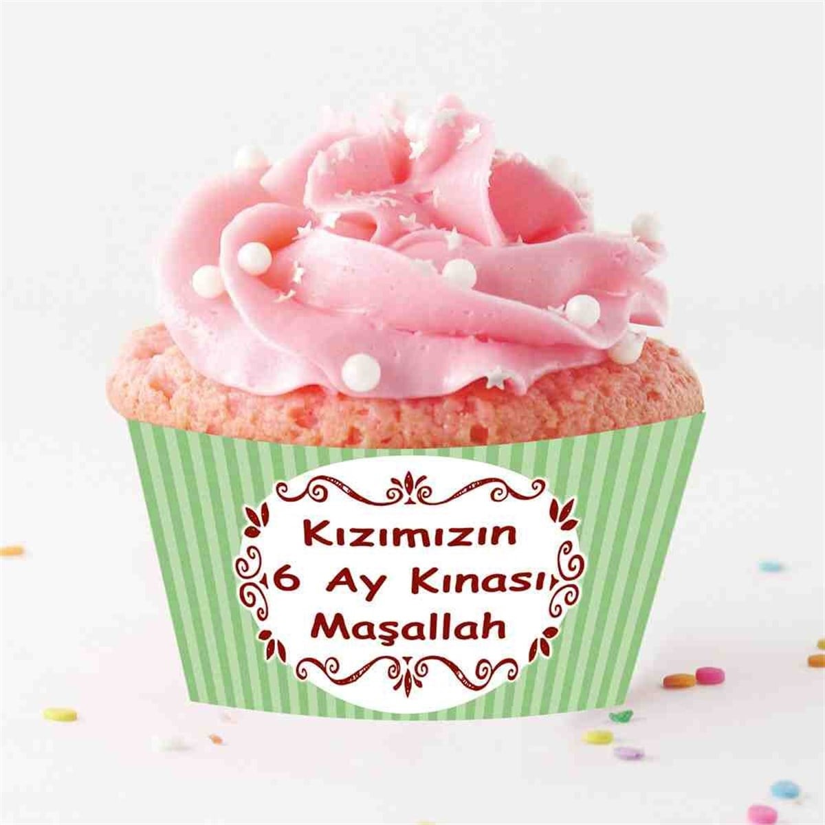 6 Ay Kınası Yeşil Çizgili Parti Cupcake Sargısı 