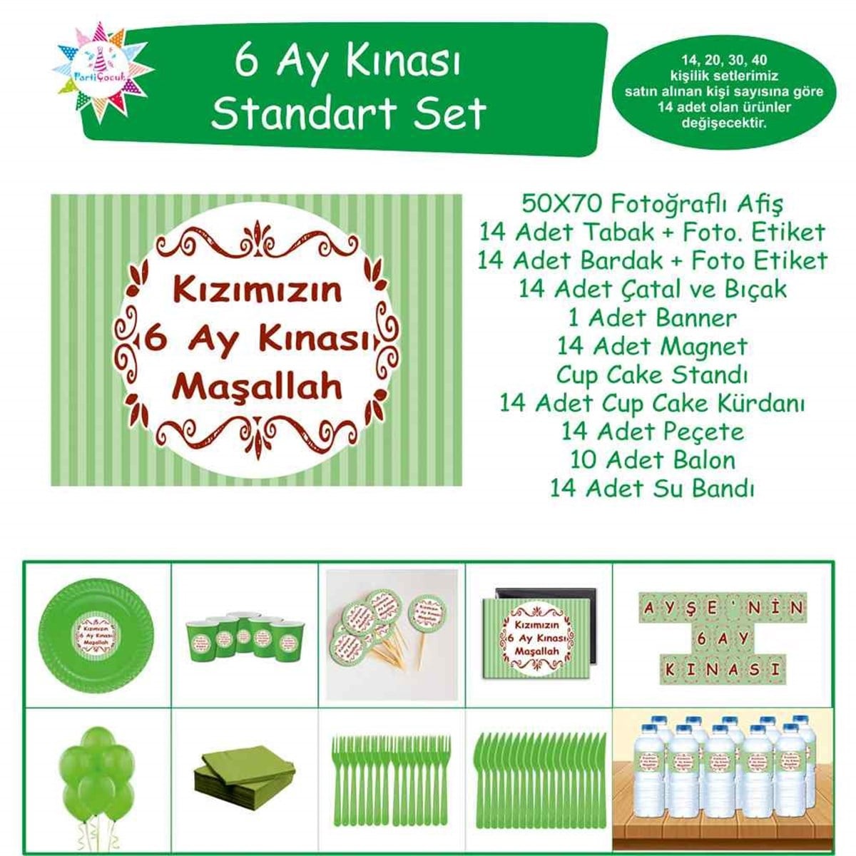 6 Ay Kınası Yeşil Çizgili Standart Set  