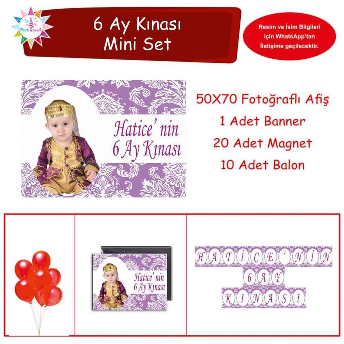 Altı Ay Kınası mor çiçek desenli Parti Mini Set 