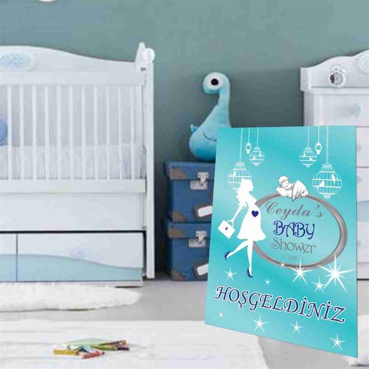 Baby Shower  Mavi Melekli Konsepti Ayaklı Pano 