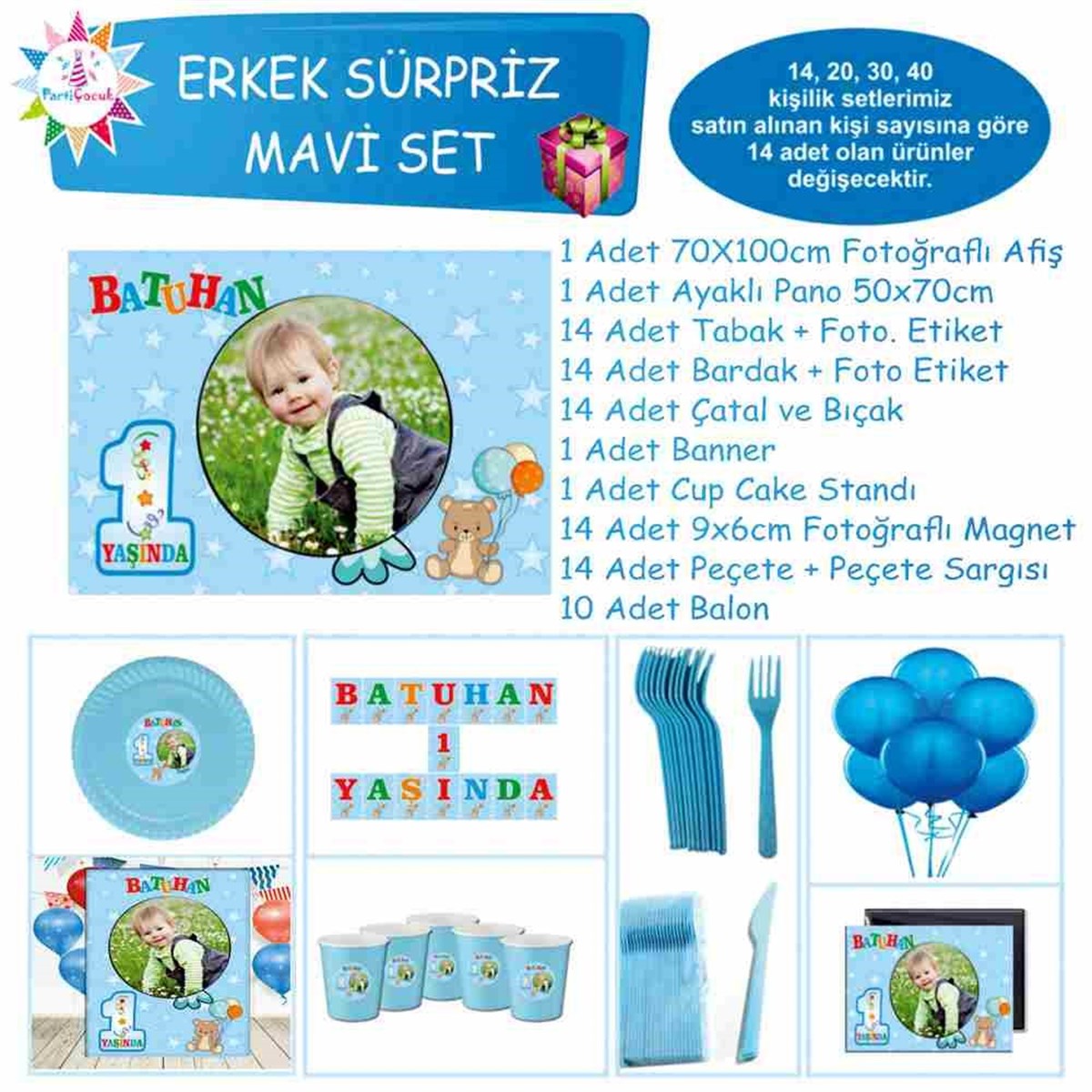 Balonlu Ayılı Erkek Çocuğu Doğum Günü Sürpriz Set 
