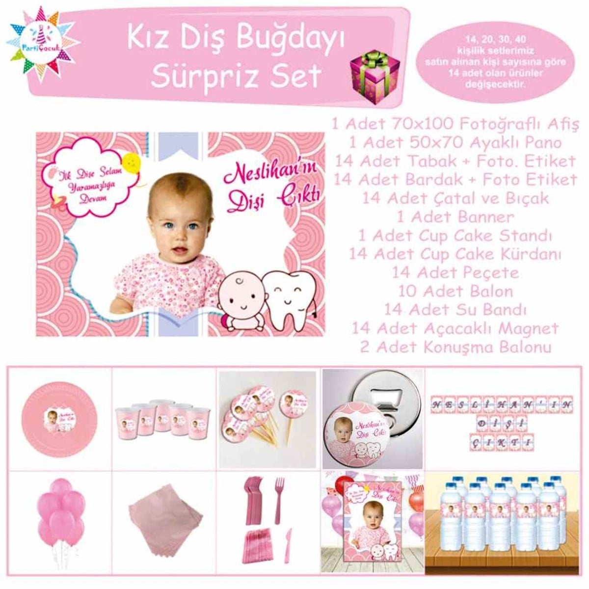 Diş Buğdayı Diş ve çocuk Pembe Parti Sürpriz Set 
