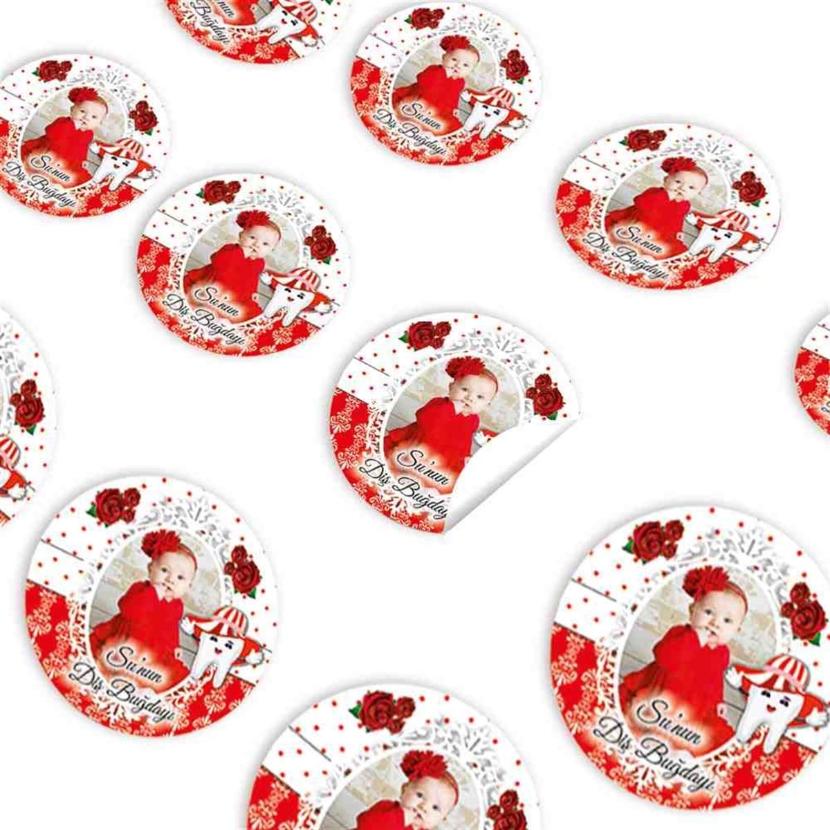 Diş Buğdayı Kırmızı Şapkalı ve Güllü Sticker 30 Adet 