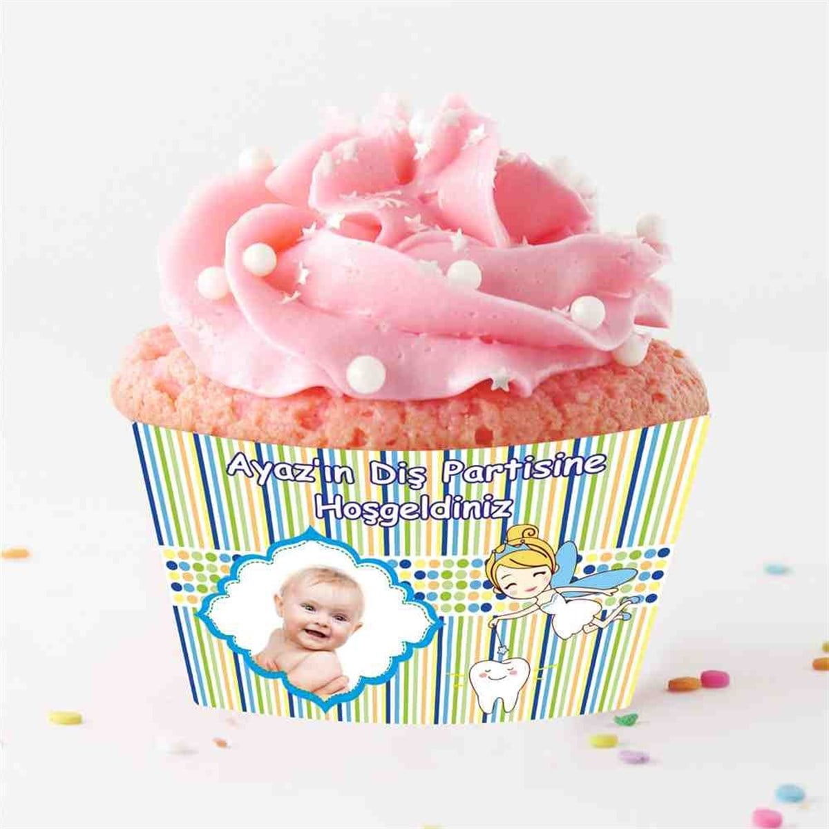 Diş Buğdayı Yeşil Çizgili Puantiyeli Cupcake Sargısı 