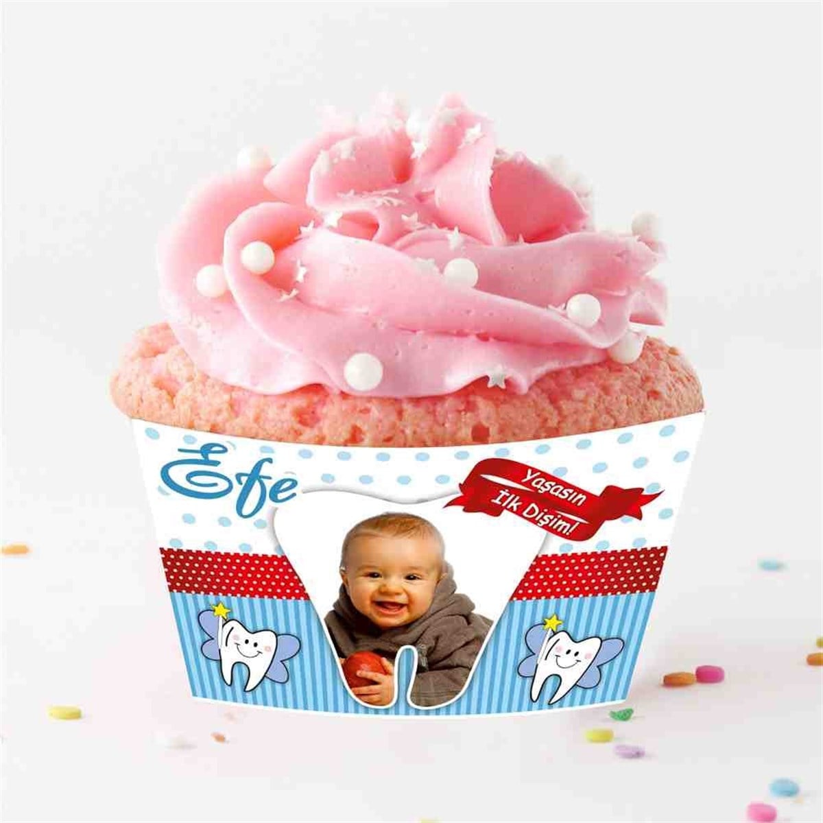 Diş Partisi Diş Kırmızı Çerçeveli Cupcake Sargısı 