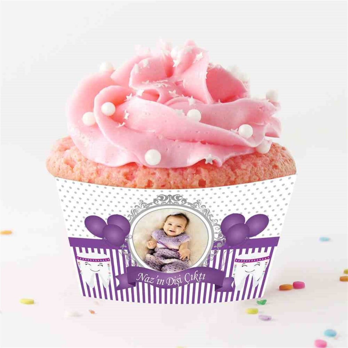 Diş Partisi Mor Balonlu ve Süslü Diş Cupcake Sargısı 