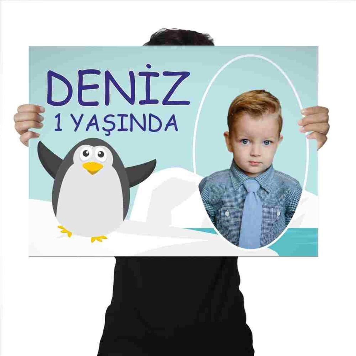 Doğum Günü Afişi Kişiye Özel Mavili Penguen Konsepti 
