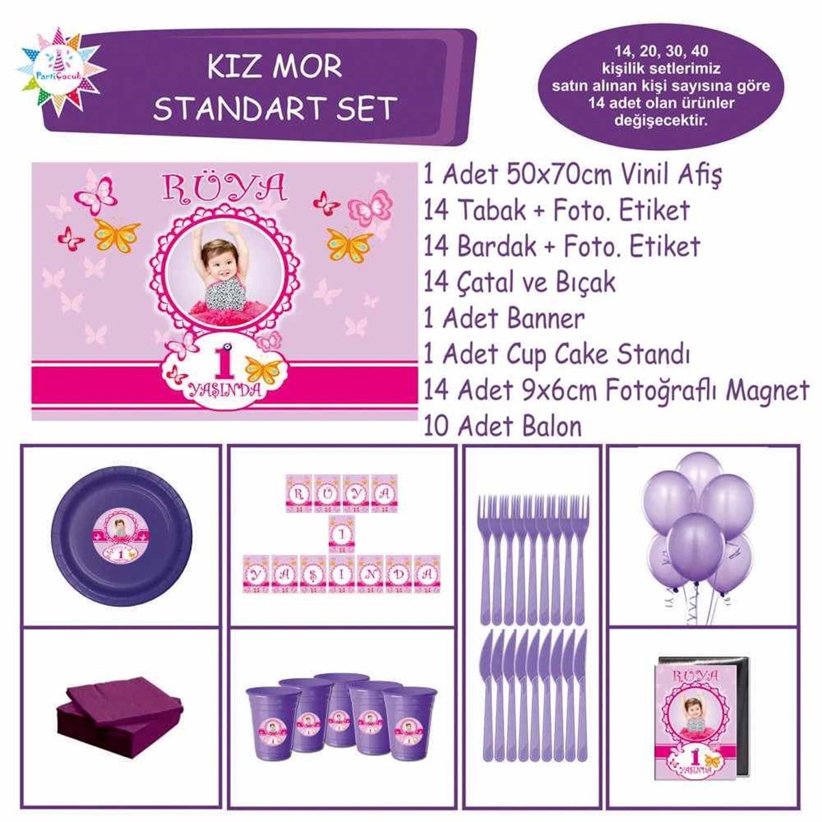 Kelebek Fuşya Parti Seti Konsept Standart Set  