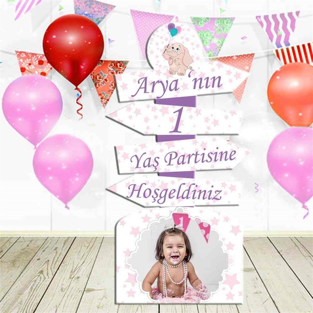 Kız Bebek Yıldızlı Filli Kapı Karşılama Pano 
