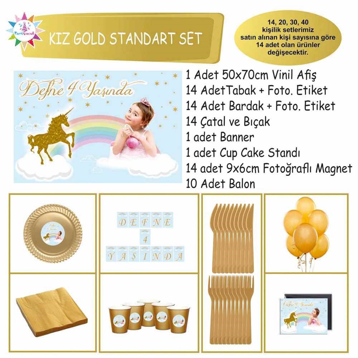 Parti Süsleri Seti Gold Unicorn Standart Set
