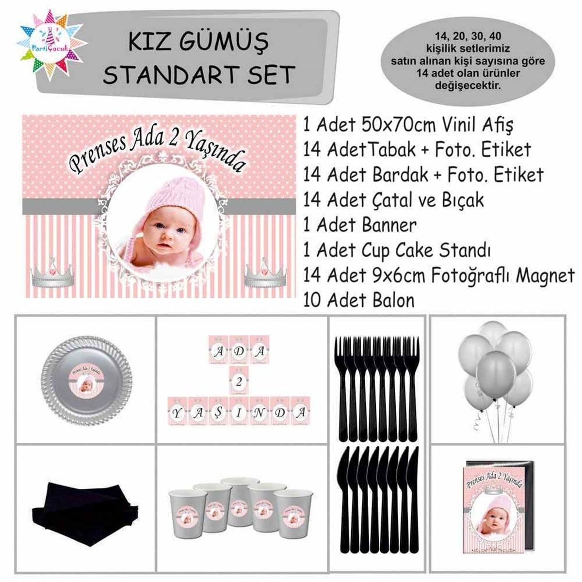 Pembe Gümüş Parti Süs Malzemeleri Standart Set 