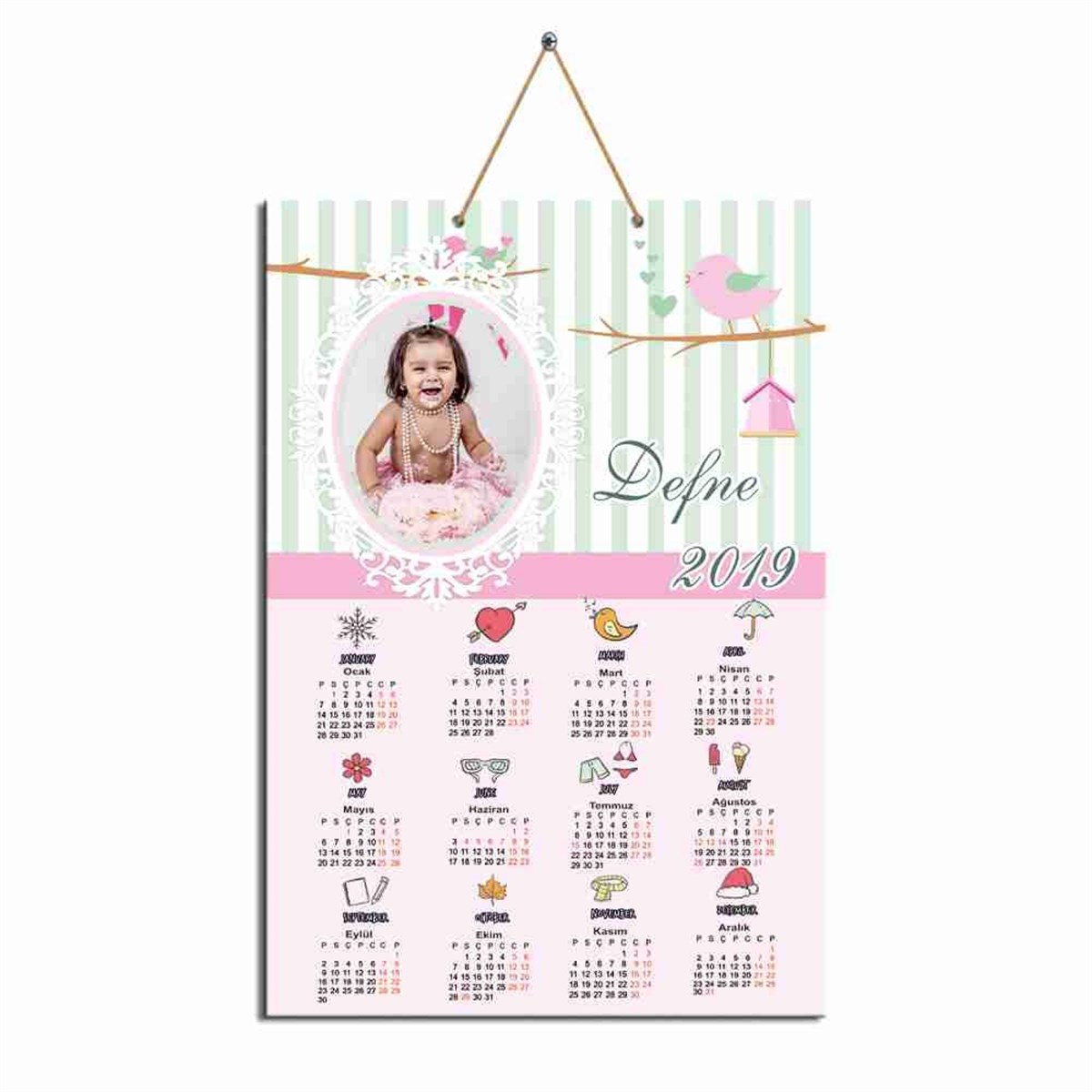 Pembe Kuşlu Karton Takvim  