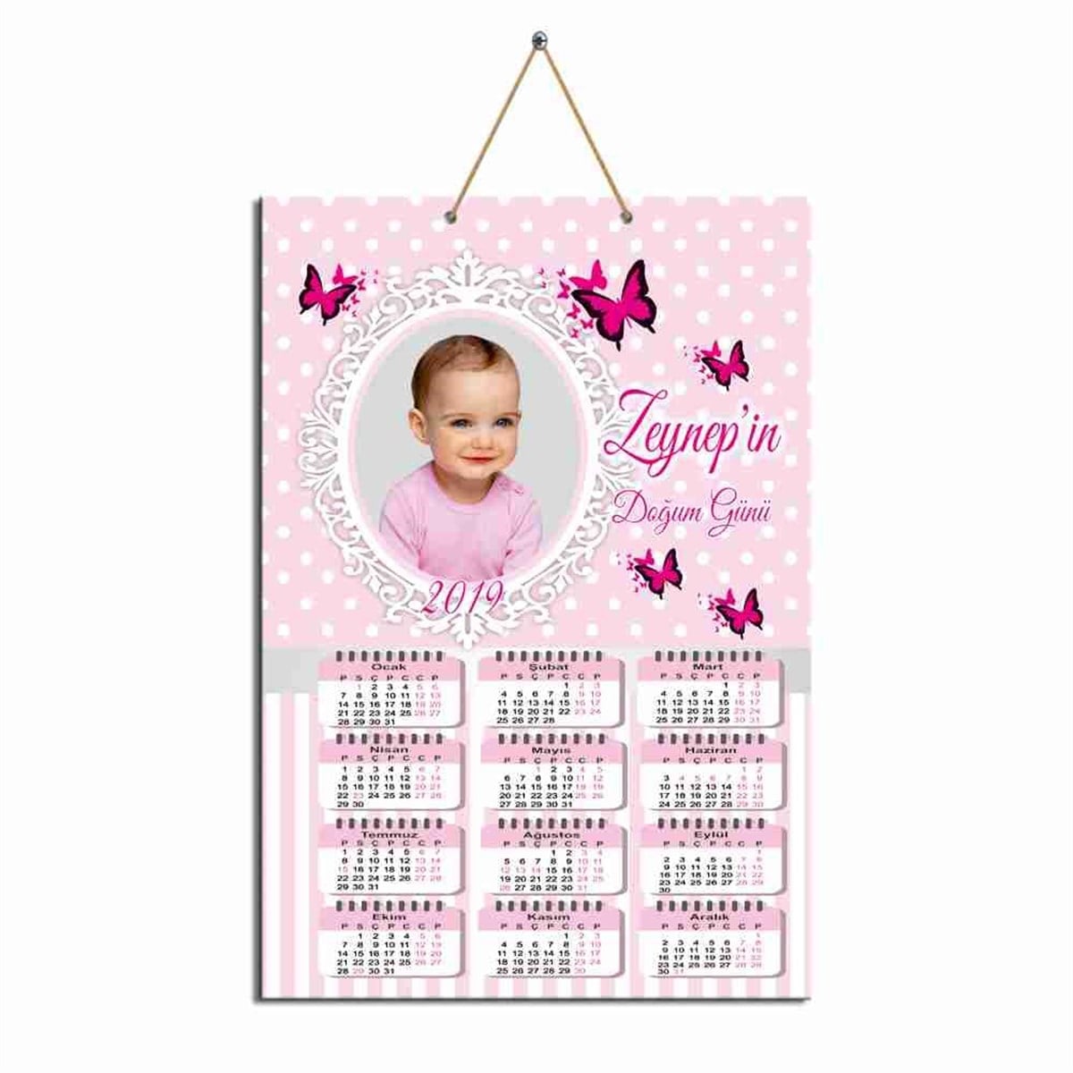 Pembe Puantiyeli Kelebek Karton Takvim  