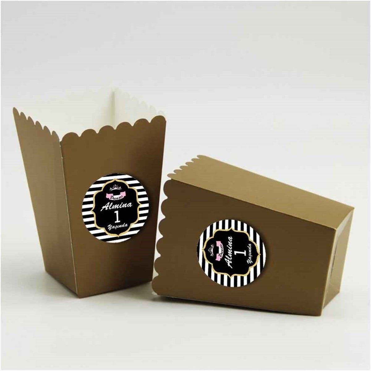 Soft Pembe Taç Konsept Etiketli Popcorn Kutusu 10 Adet 