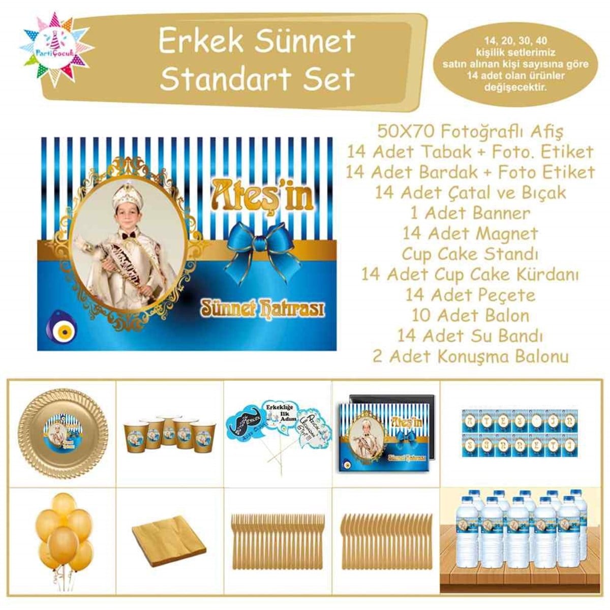 Sünnet Gold Mavi Boncuklu Parti Süsleri Standart Set 