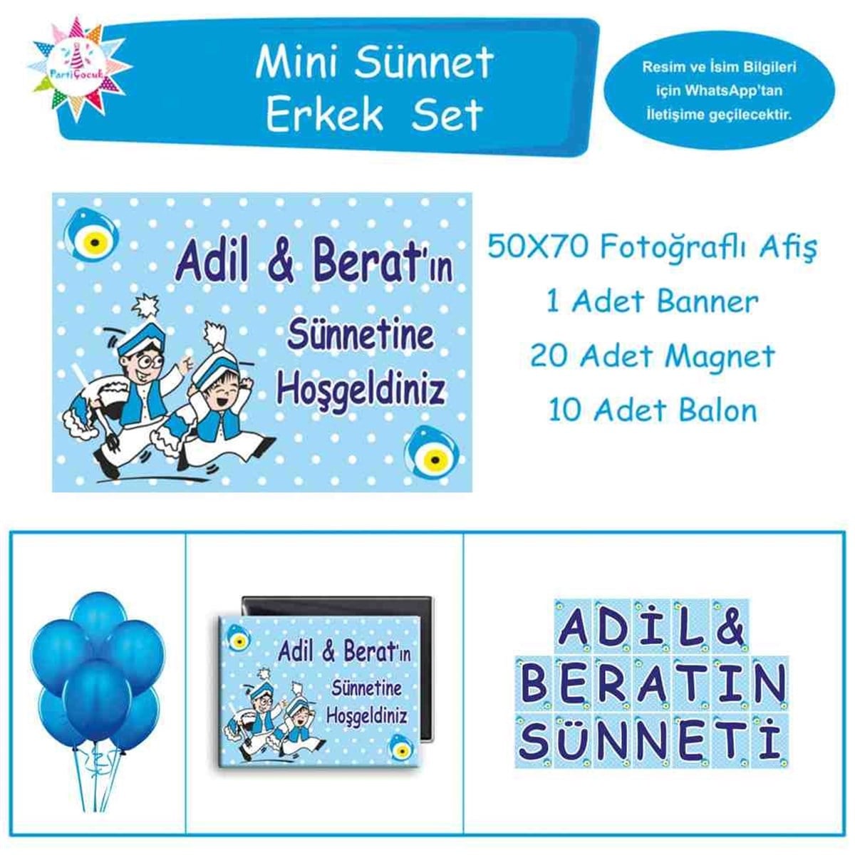 Sünnet İsimli Resimli Sünnet Çocuğu Karikatürlü Model  Mini Set 