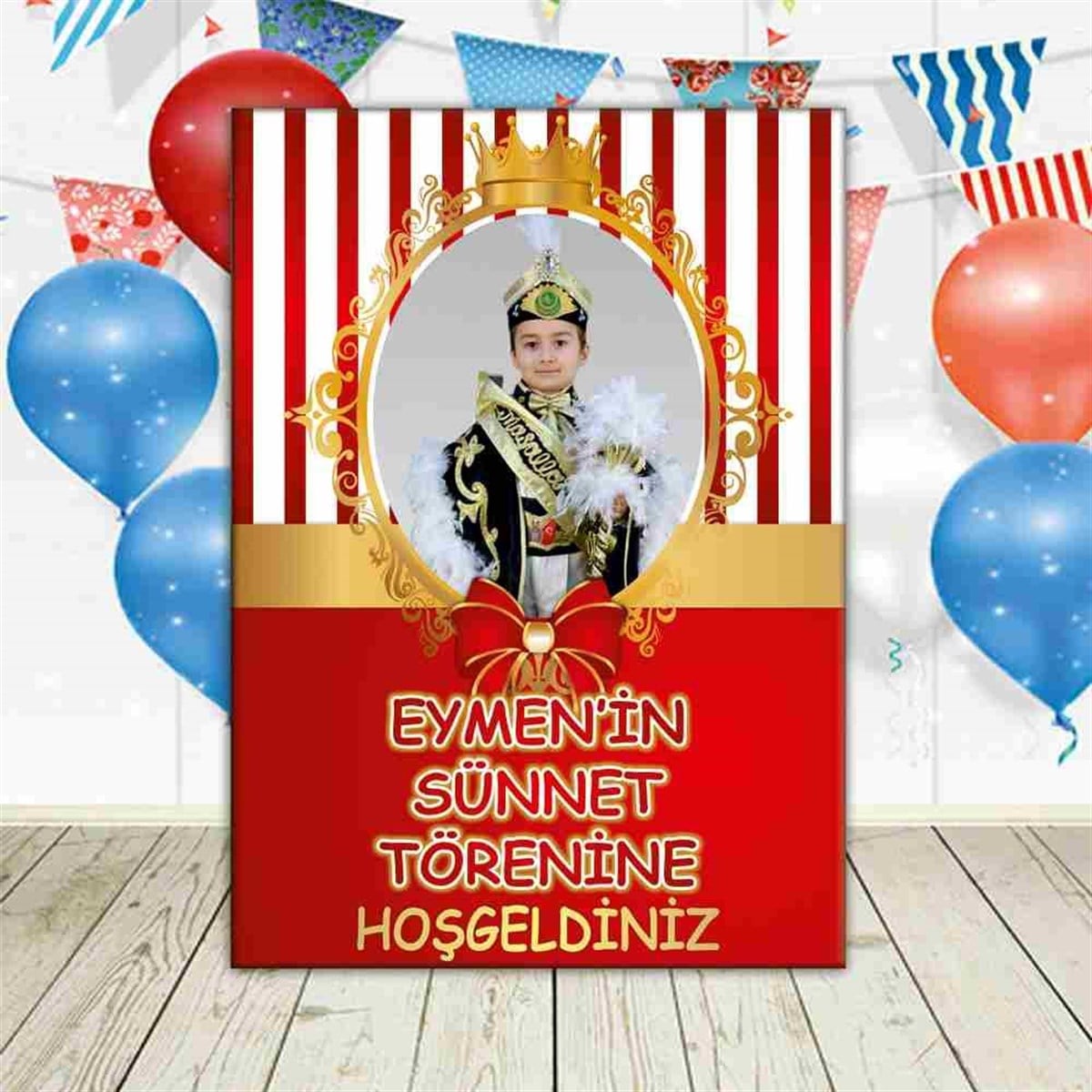 Sünnet Kırmızı Gold Taçlı Konsept Parti Süsü Ayaklı Pano 