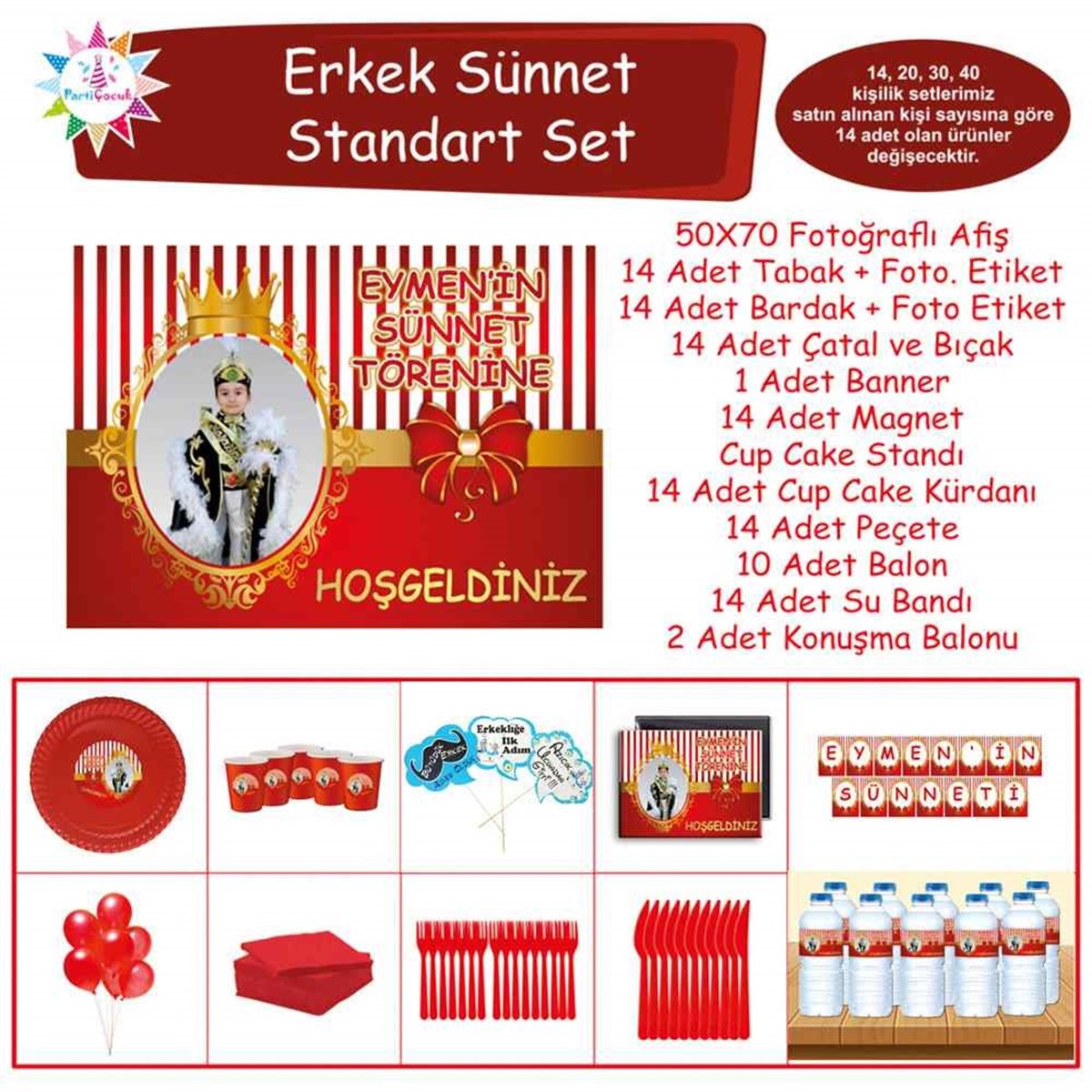 Sünnet Kırmızı Gold Taçlı Konsept Parti Süsü Standart Set 