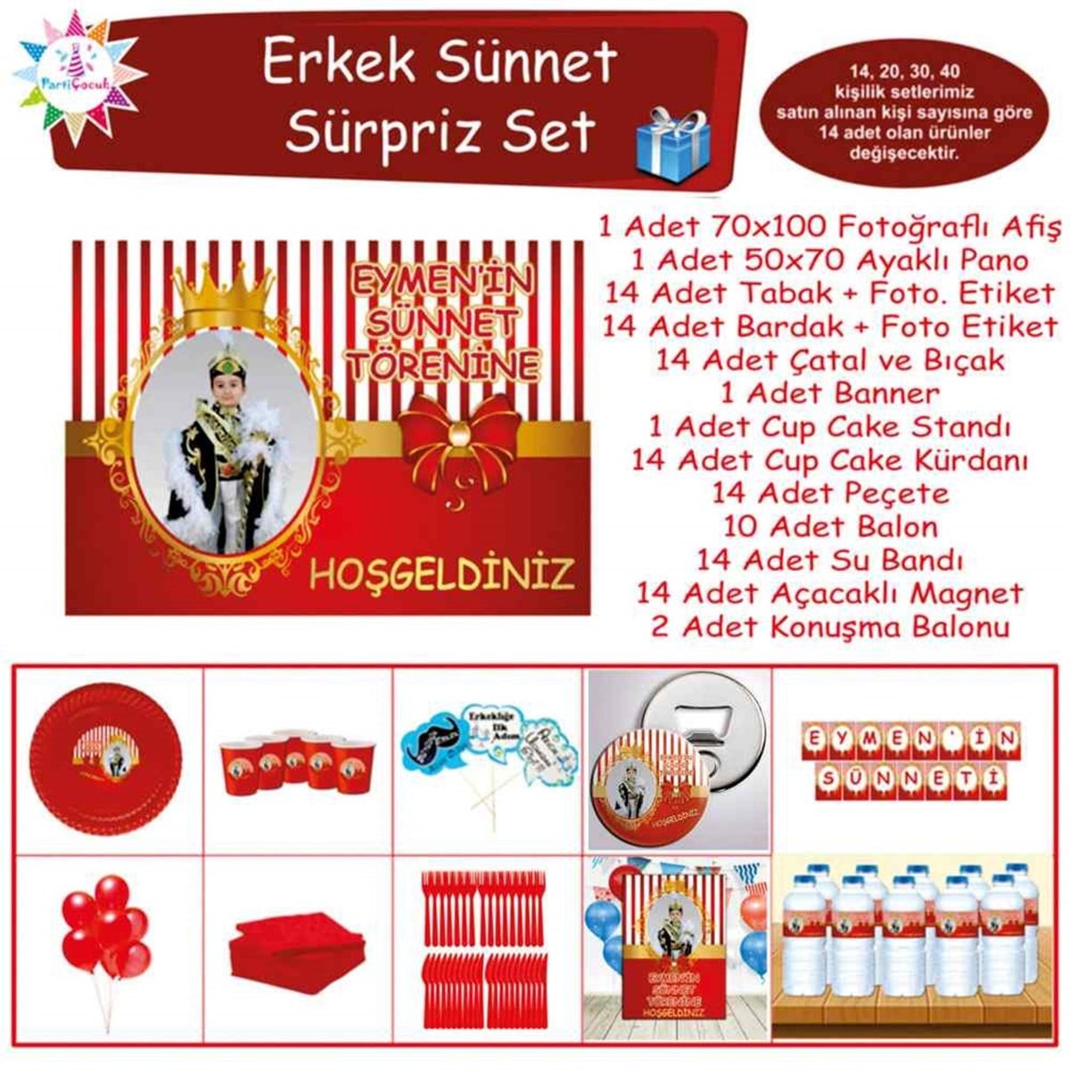 Sünnet Kırmızı Gold Taçlı Konsept Parti Süsü Süpriz Set 
