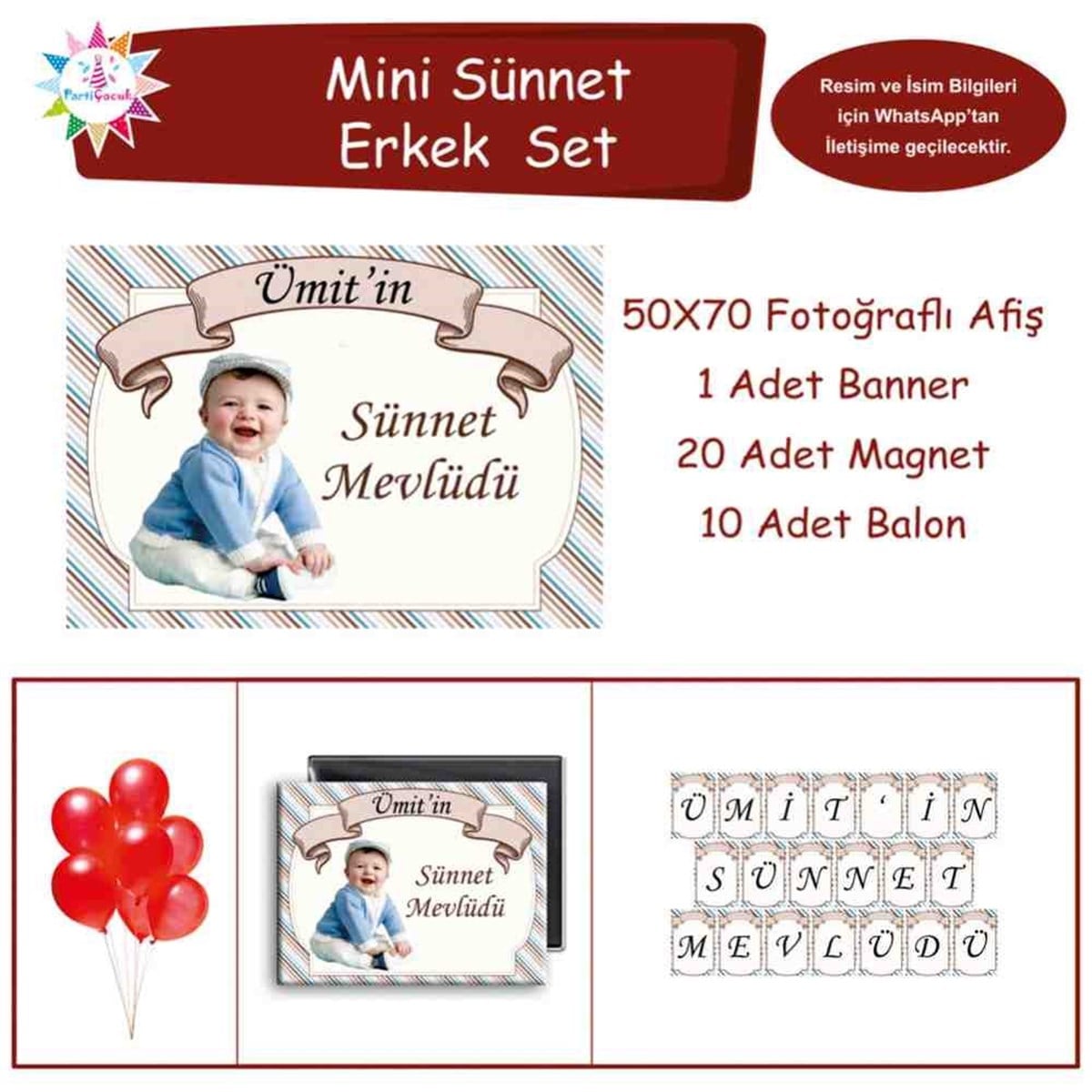 Sünnet Partisi Kişiye Özel Resimli İsimli Kahverengi Mavili Mini Set 