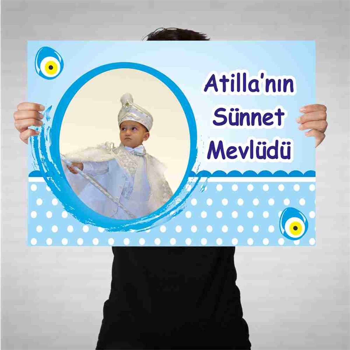 Sünnet Puantiyeli Mavili Parti Malzemeleri Bez Afiş 