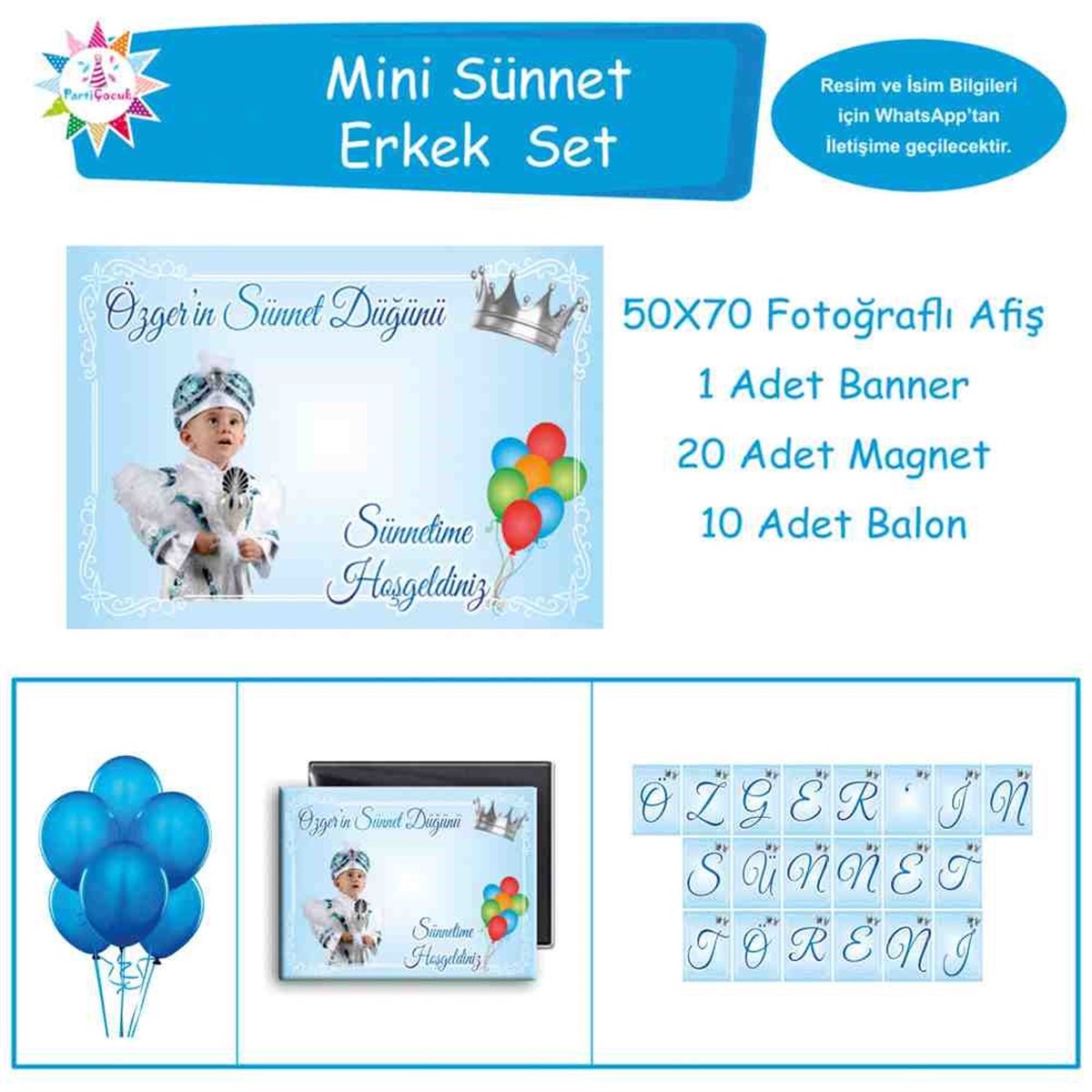 Sünnet Resimli Balonlu ve Gümüş Taçlı Parti Malzemeleri Mini Set 