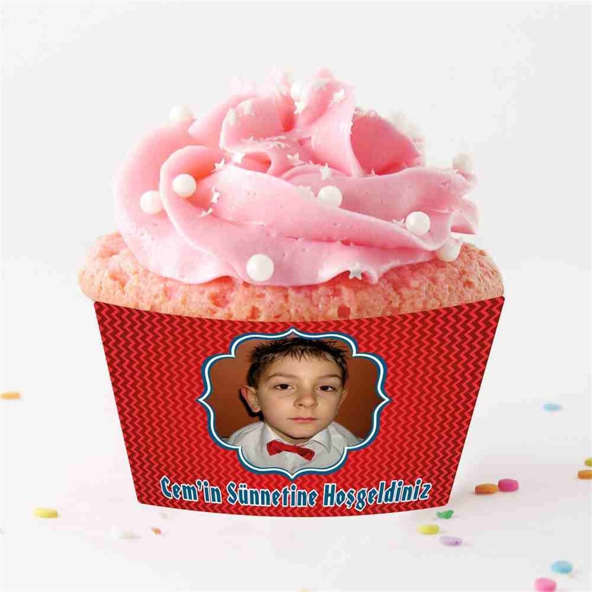 Sünnet Resimli İsimli Kırmızı Parti Süsleri Cupcake Sargısı 