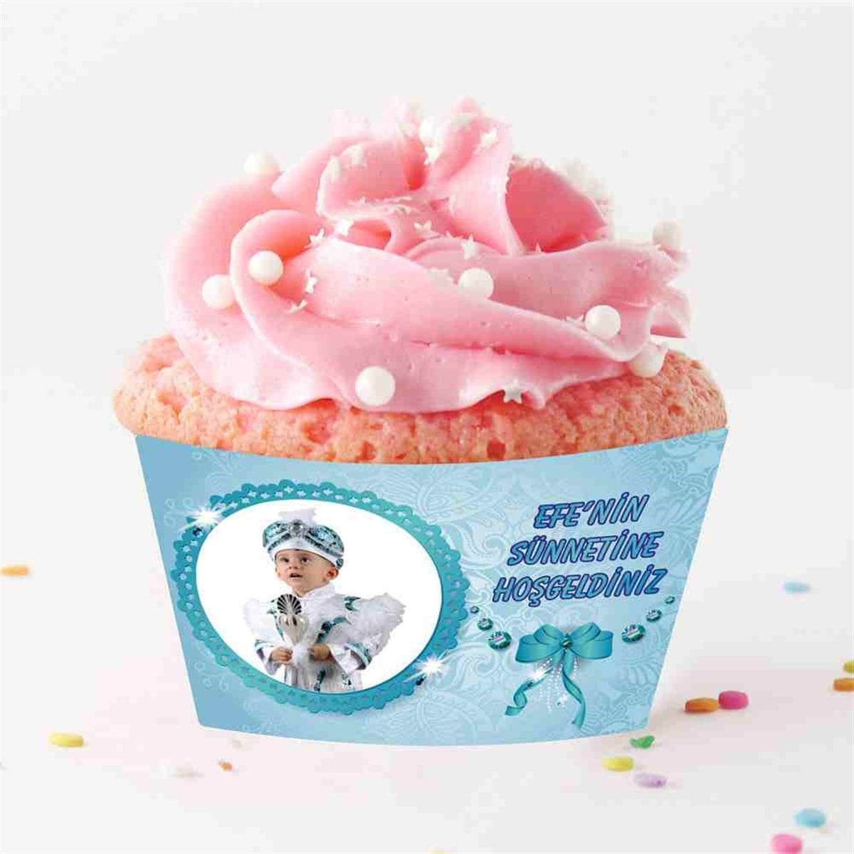 Sünnet Süsleri Turkuaz Fiyonklu Tema Cupcake Sargısı 