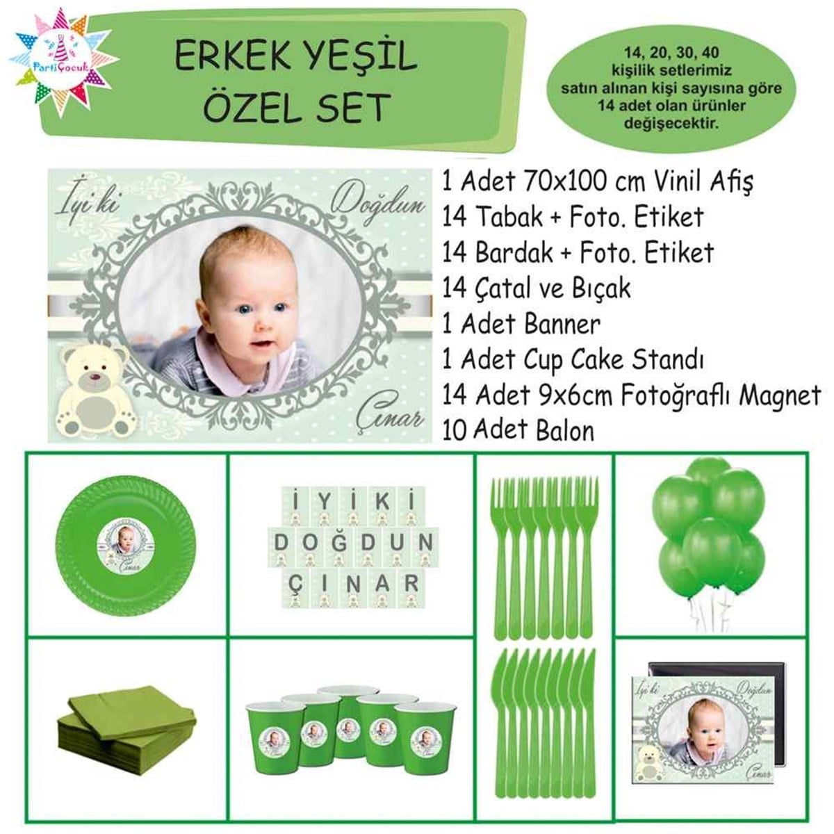 Yeşil Ayılı Kişiye Özel Doğum Günü Özel Set 