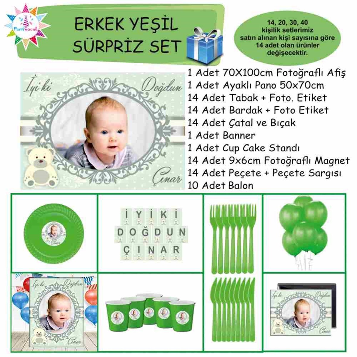 Yeşil Ayılı Kişiye Özel Doğum Günü Sürpriz Set 