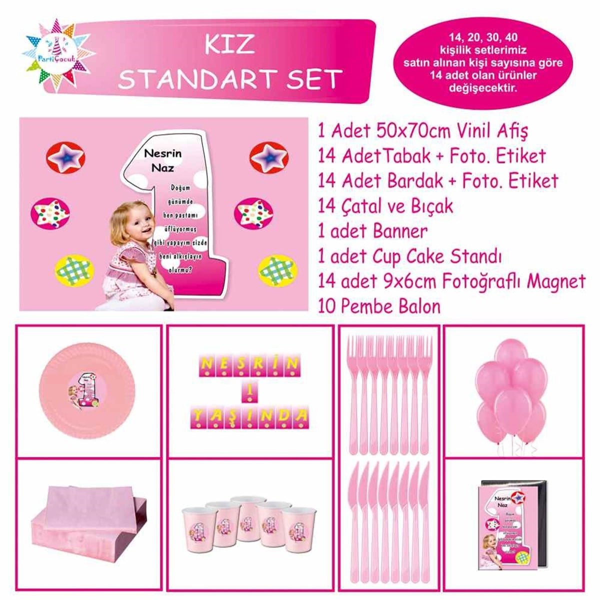 1 Yaş Doğum Günü Pembe Konsept Standart Set 
