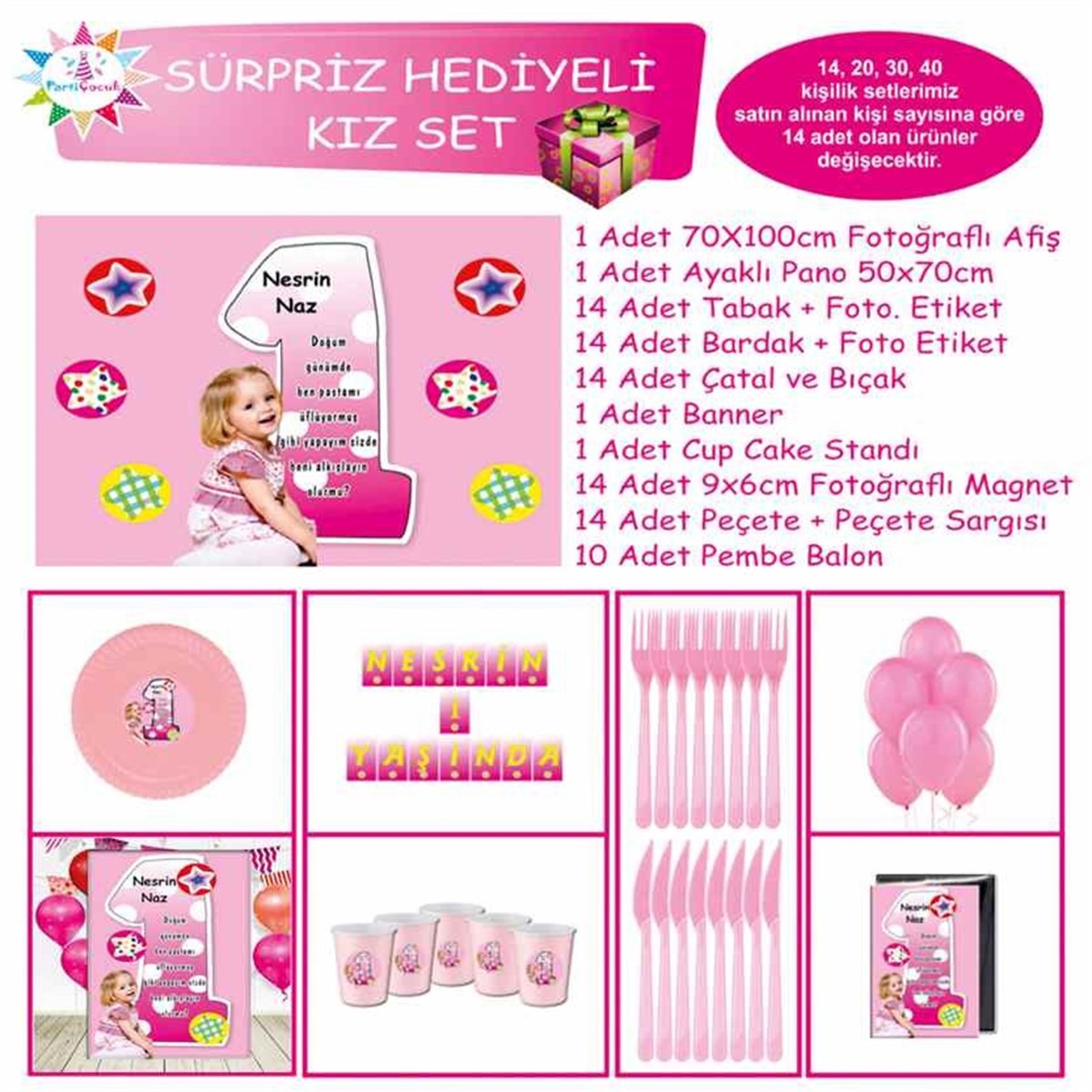 1 Yaş Doğum Günü Pembe Konsept Sürpriz Set 