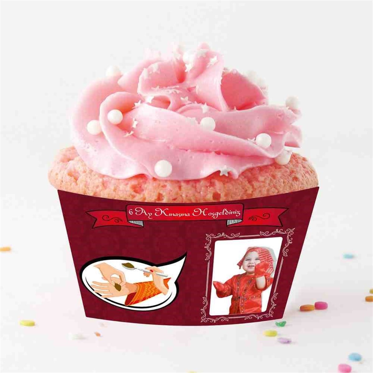 6 Ay Kınası Bordo kına karikatür Cupcake Sargısı 