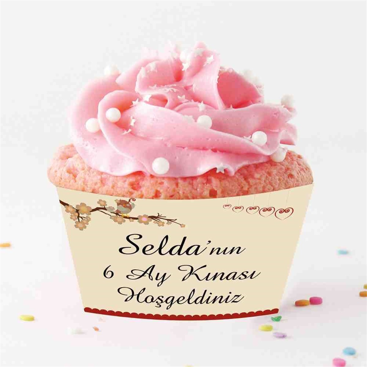 6 Ay Kınası Bordo Kuşlu Tema Parti Cupcake Sargısı 