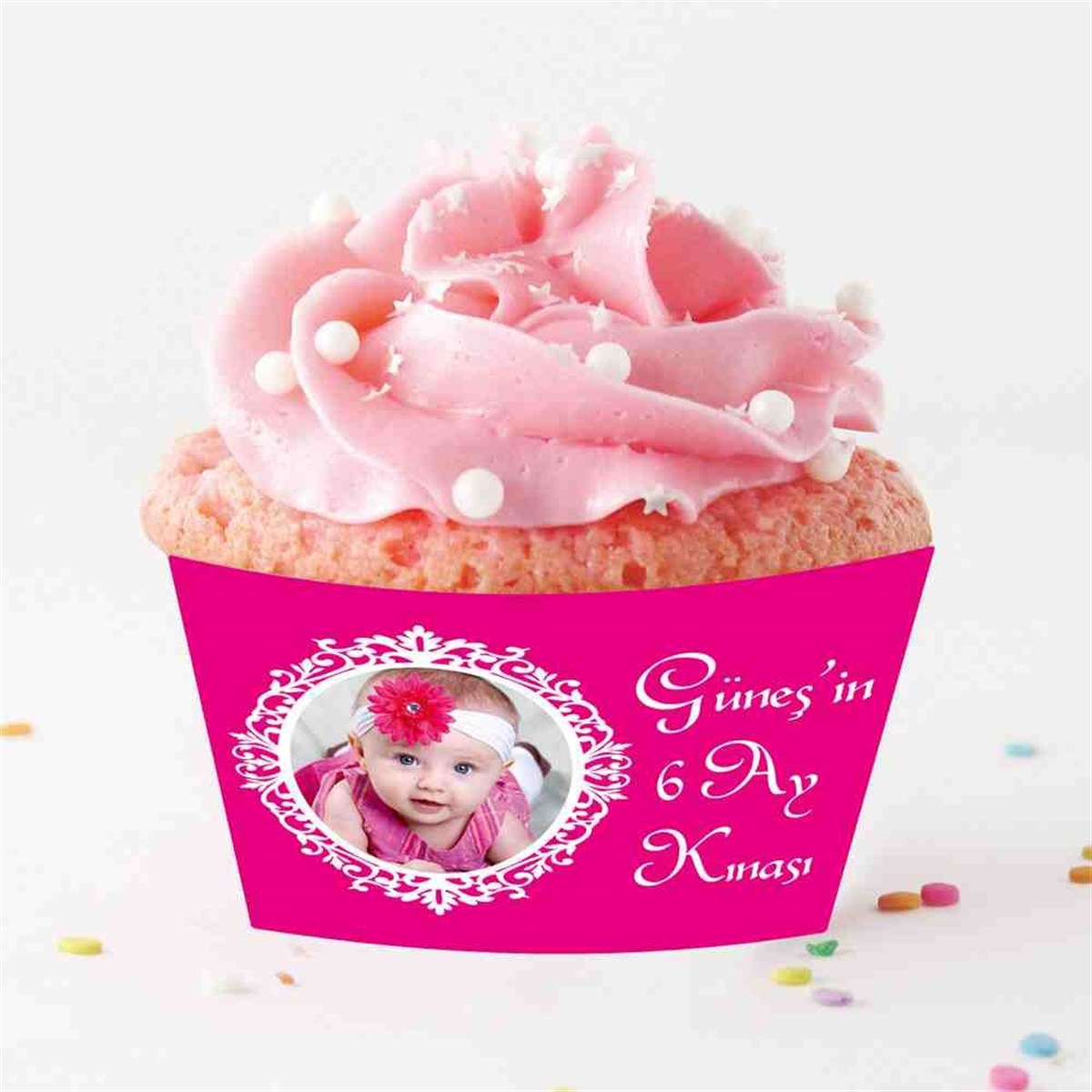 6 Ay Kınası fuşya Çerçeveli Tema Cupcake Sargısı 