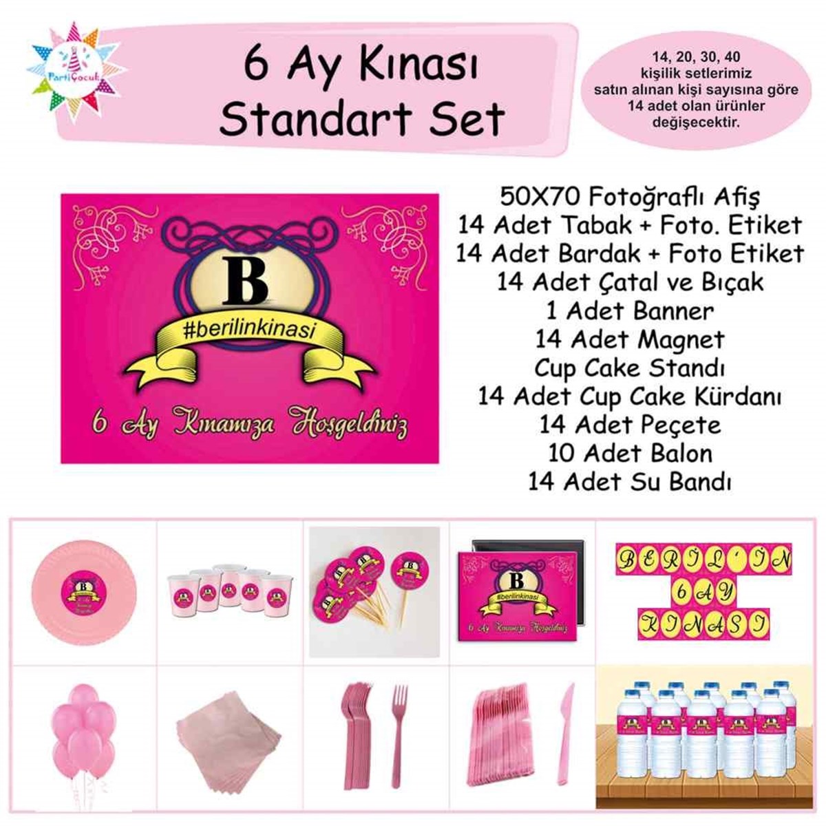 6 Ay Kınası Fuşya Konsept Parti Standart Set 