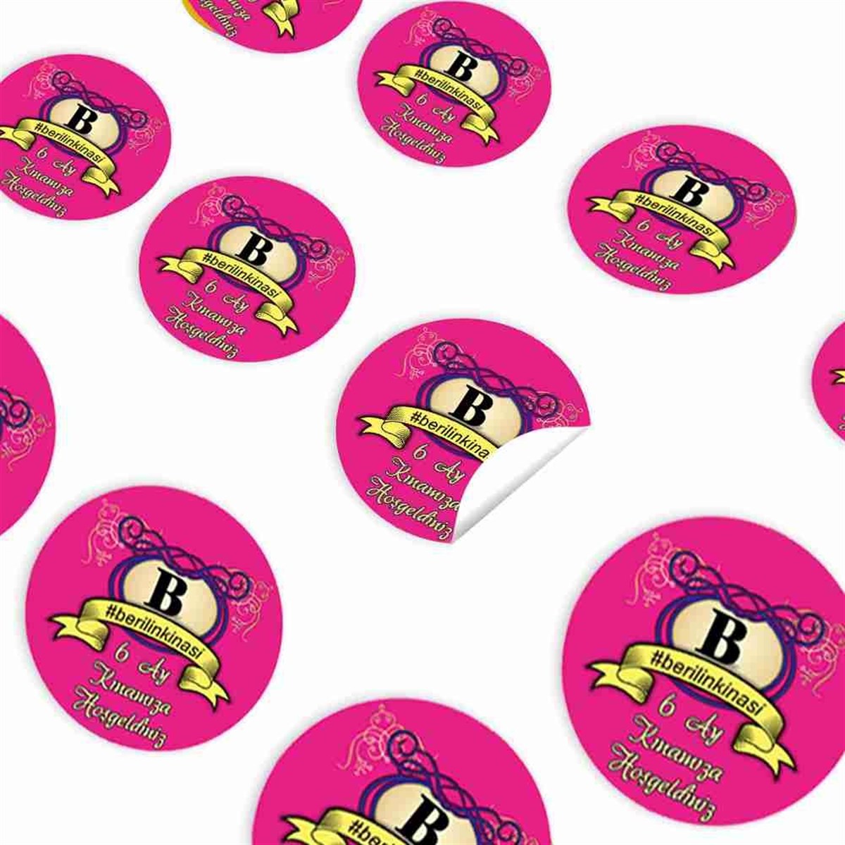 6 Ay Kınası Fuşya Konsept Parti Sticker 30 Adet 