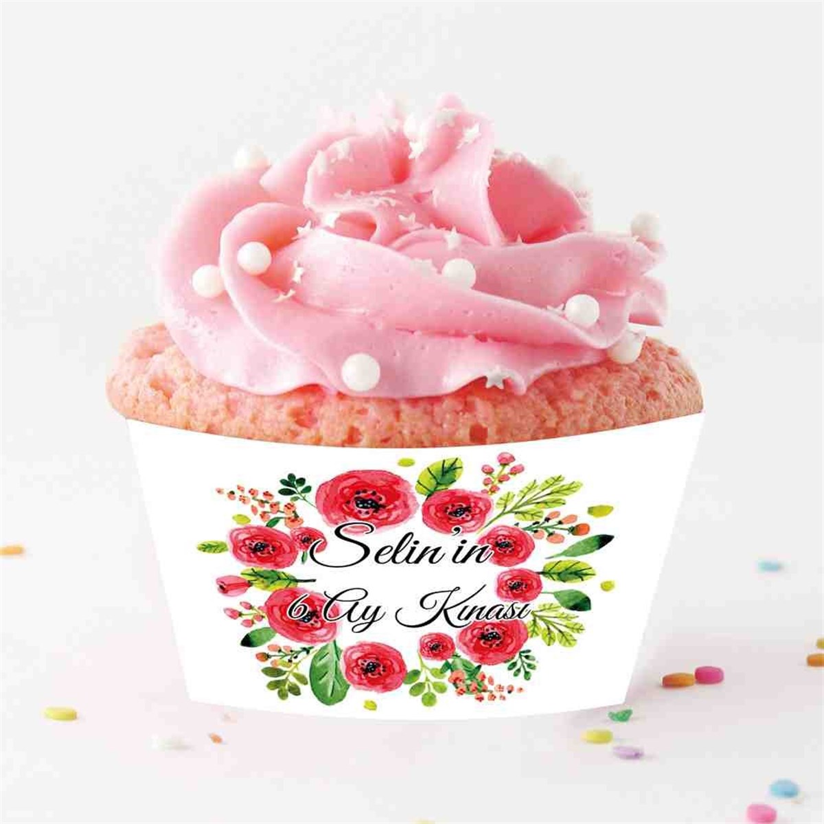6 Ay Kınası Gül Desenli Tema Parti Cupcake Sargısı 