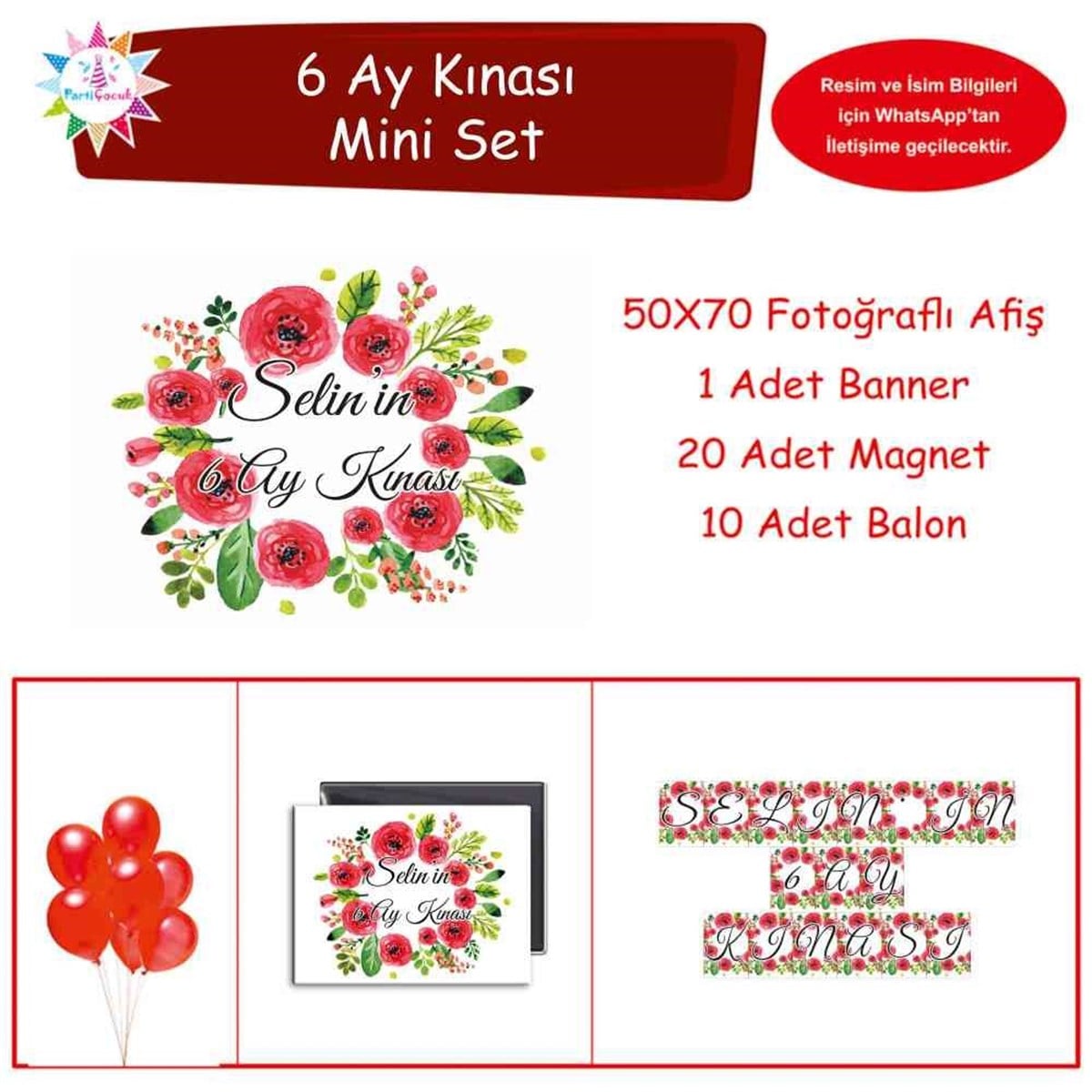 6 Ay Kınası Gül Desenli Tema Parti Mini Set 