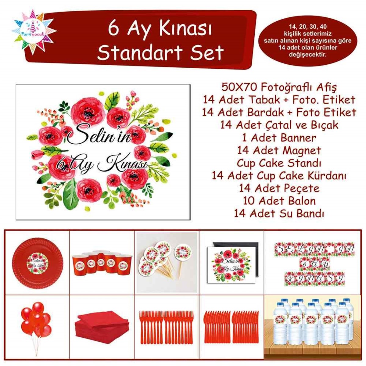 6 Ay Kınası Gül Desenli Tema Parti Standart Set  