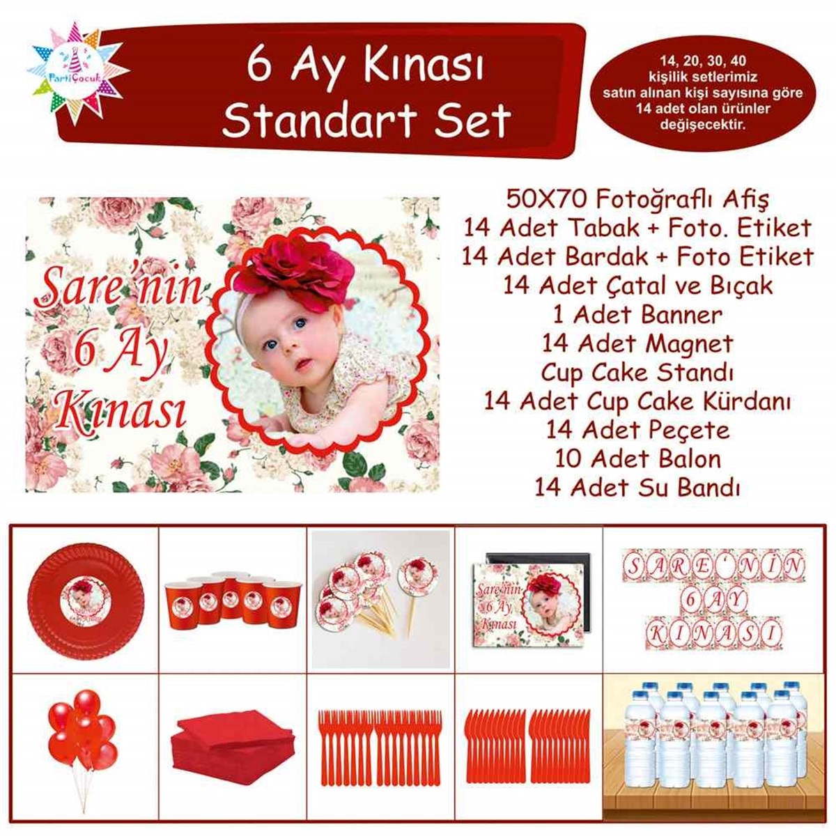 6 Ay Kınası Güllü Vintage Tema Parti Standart Set  