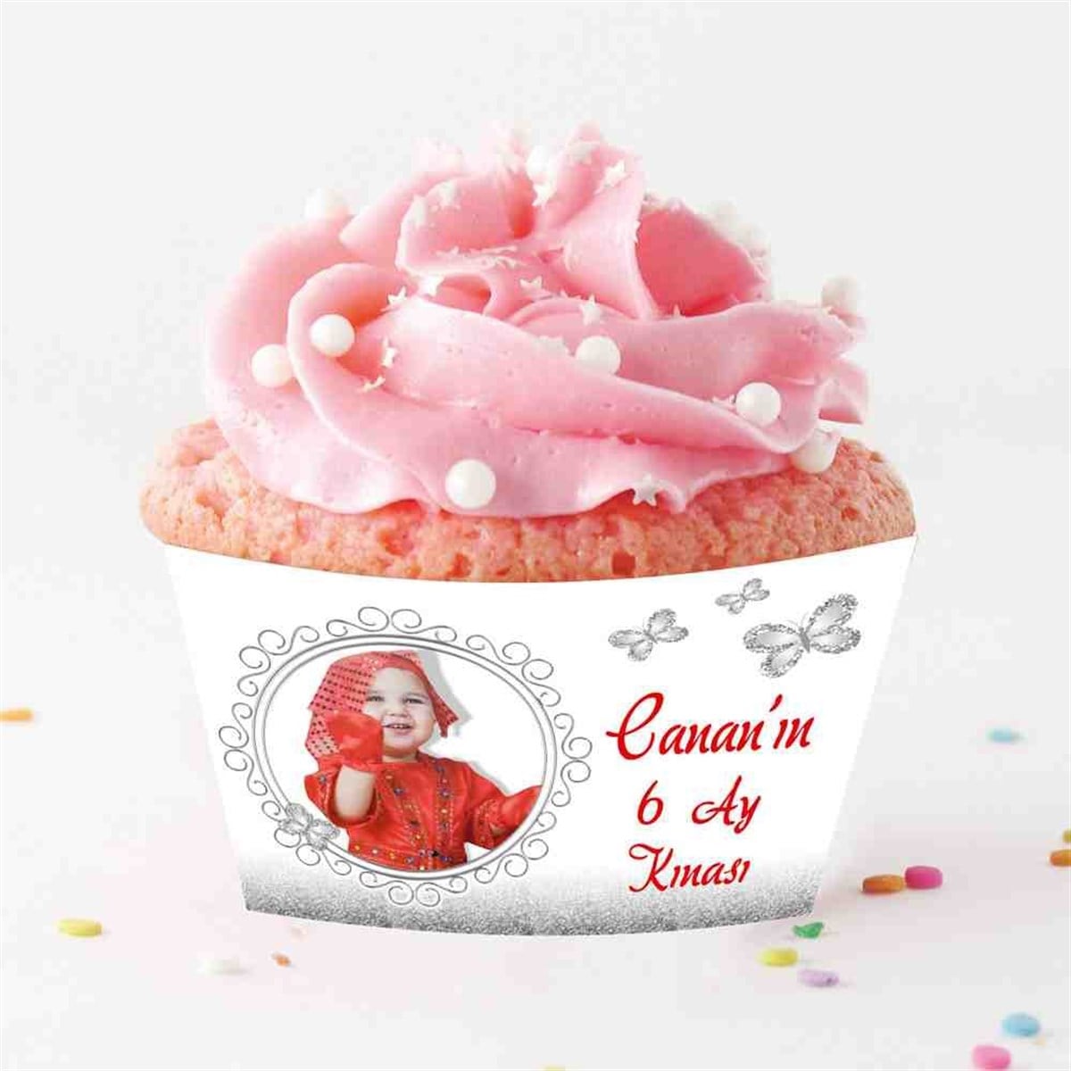 6 Ay Kınası Gümüş Kelebekli Parti Cupcake Sargısı 
