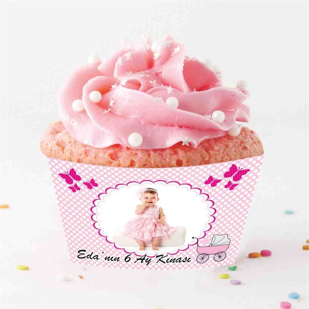 6 Ay Kınası Kelebek Parti Pembe Cupcake Sargısı 
