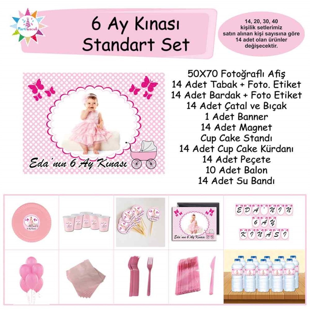 6 Ay Kınası Kelebek Parti Pembe Standart Set 