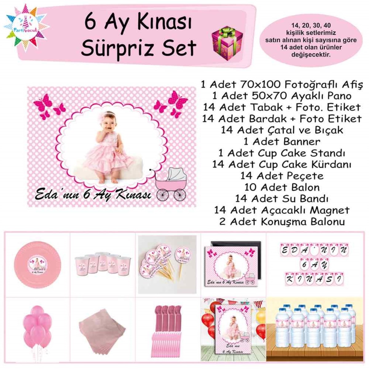 6 Ay Kınası Kelebek Parti Pembe Sürpriz Set 