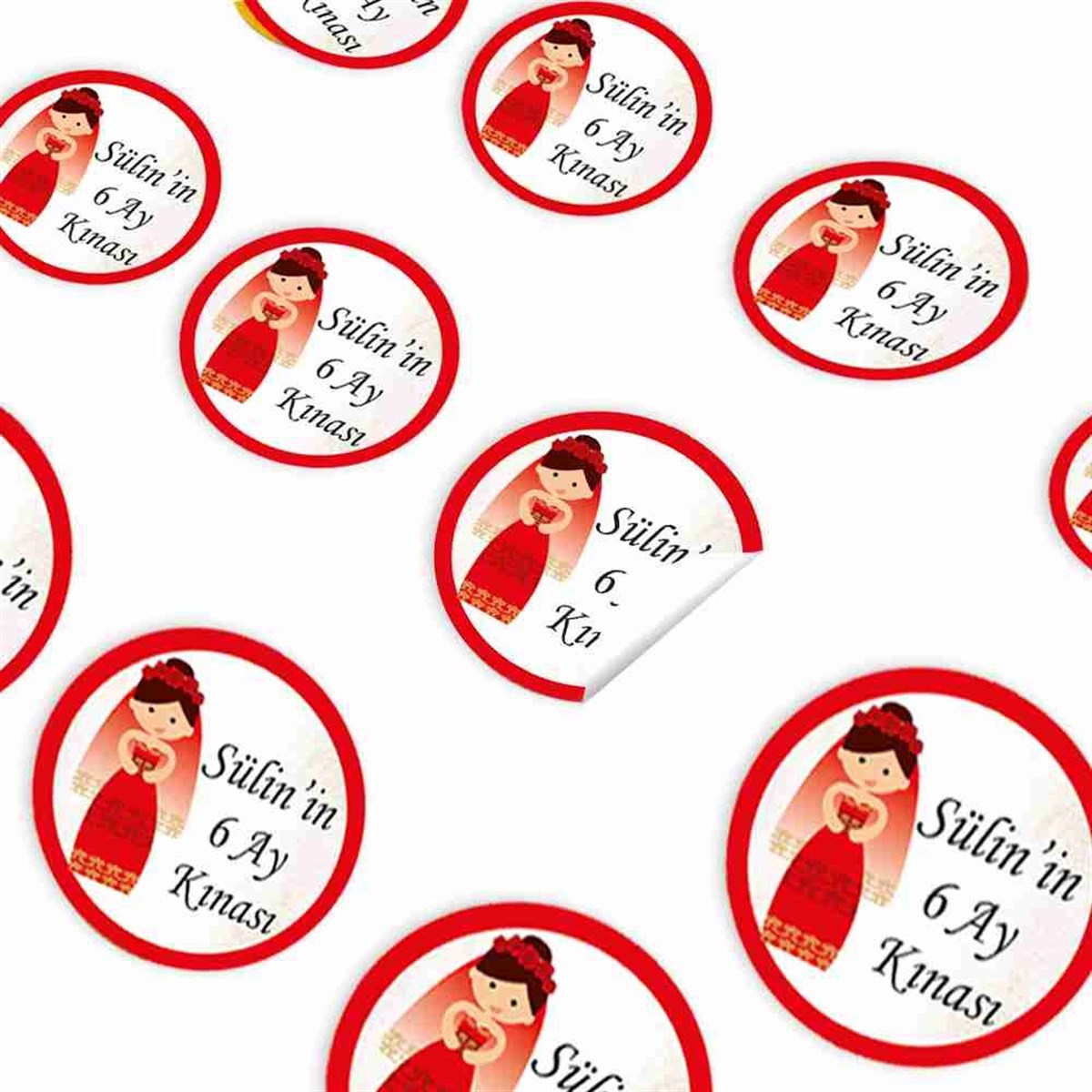 6 Ay Kınası Kına Karikatürlü Parti Kırmızı Sticker 30 Adet 