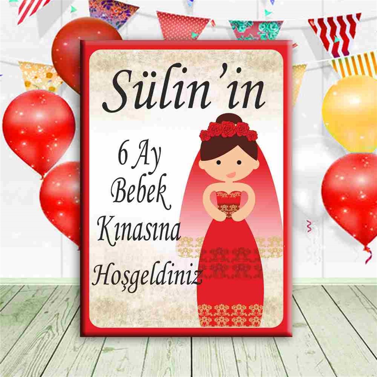 6 Ay Kınası Kına Karikatürlü Parti Kırmızı Ayaklı Pano 